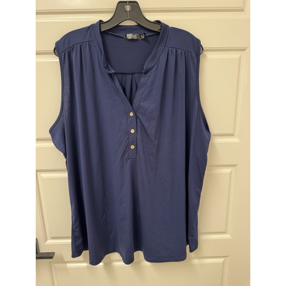 Cure Women 3XL Sleeveless Top Blouse Vneck Navy Blue Gold Buttons
